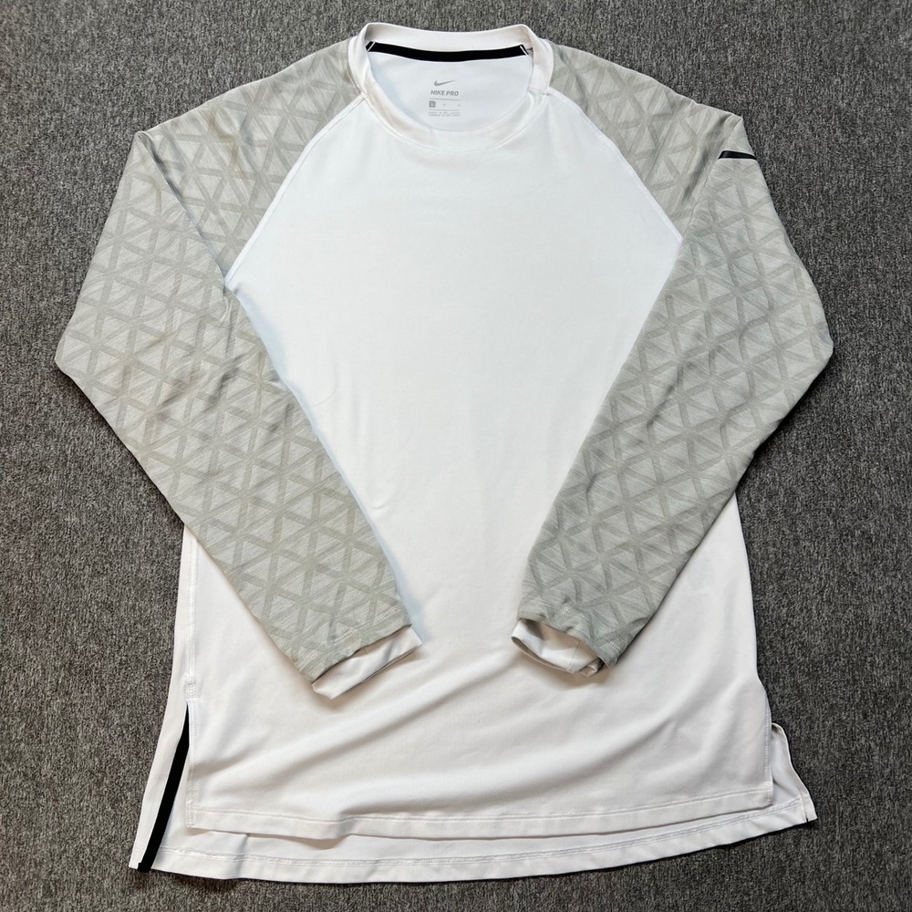 Nike Pro Mens Long Sleeve Training Shirt White‎ Grey Geometric 929703-100 Large